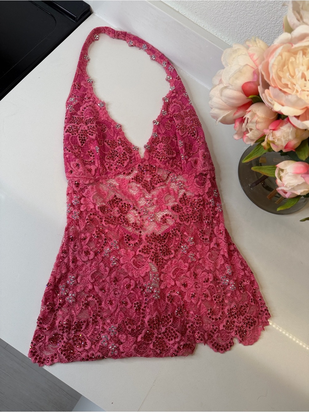Halter Lace Top Custom Made in Fuchsia Pink with Swarovski crystals one size